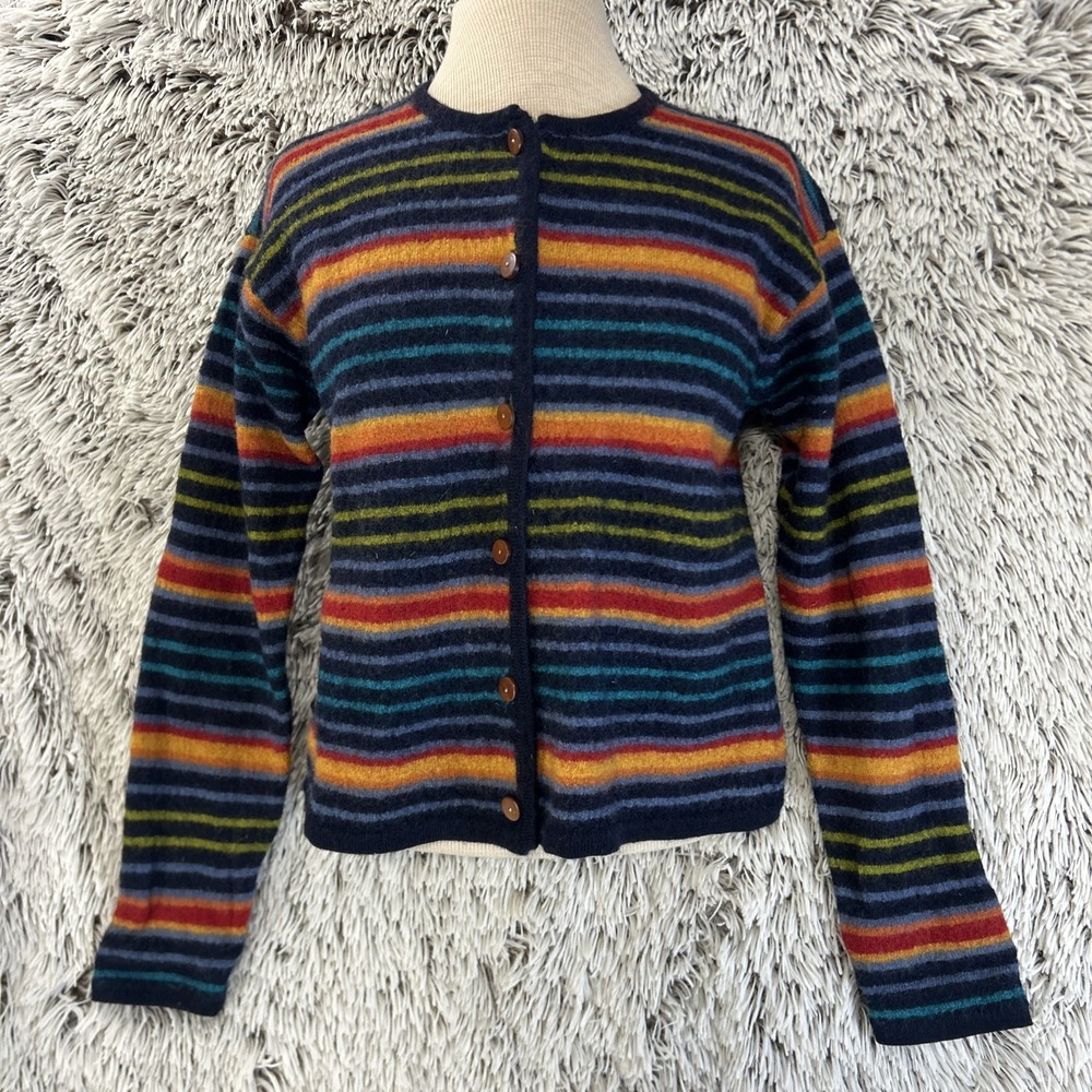Vintage Talbots‎ Cardigan Women Petite Wool Rainbow Stripe Sweater